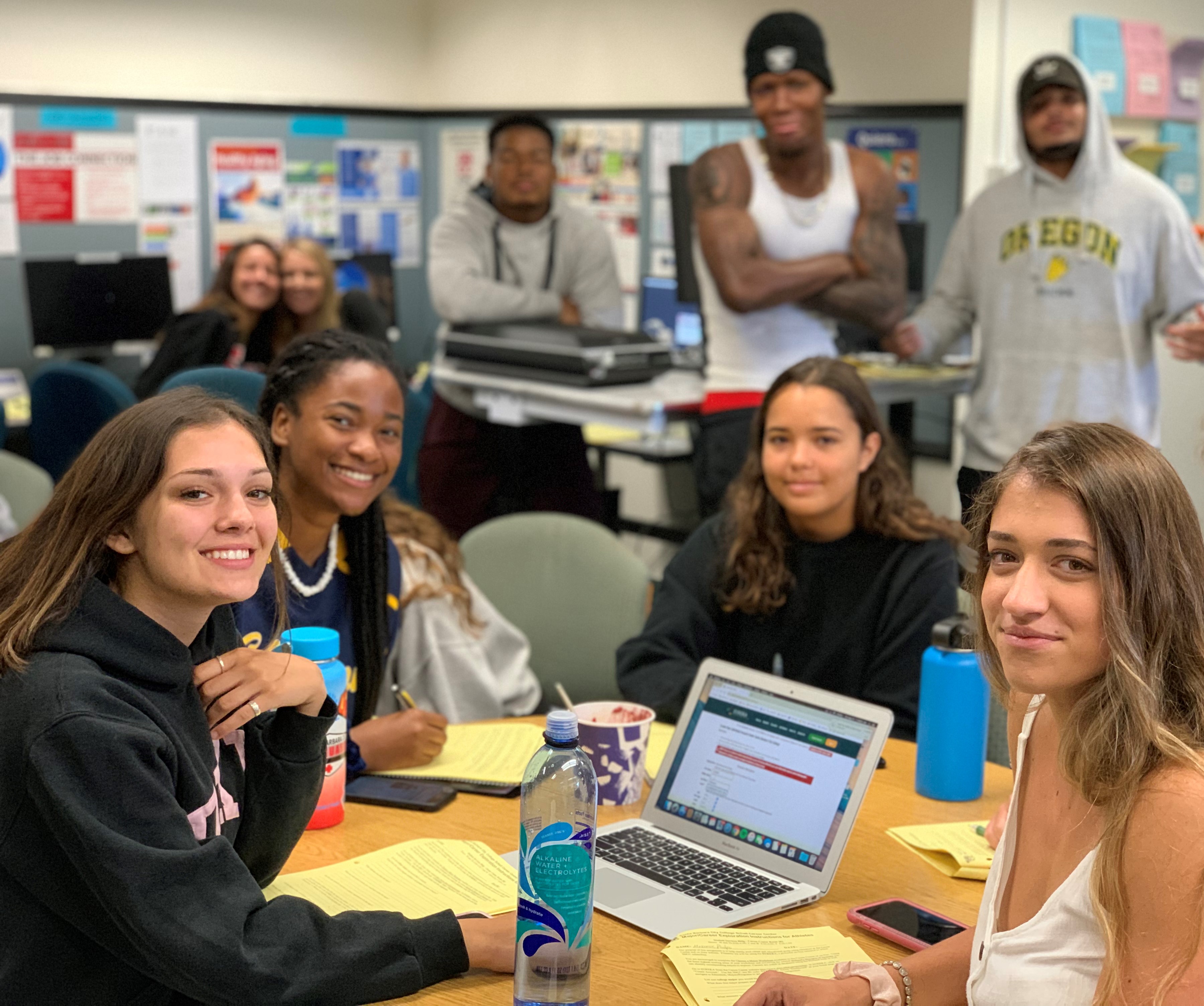 SBCC's career center representative talking to an SBCC students.